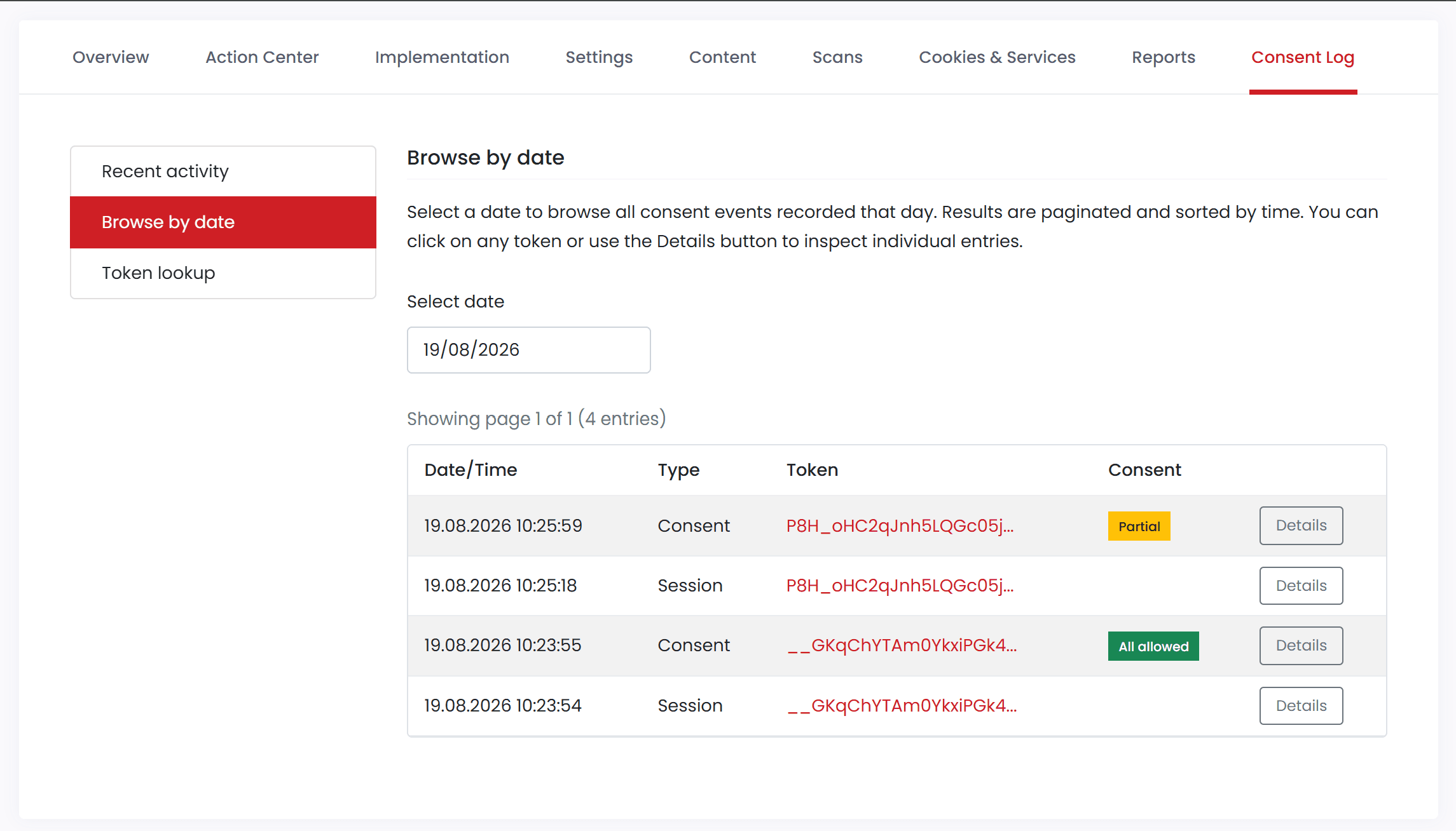 Consent log - Browse by date