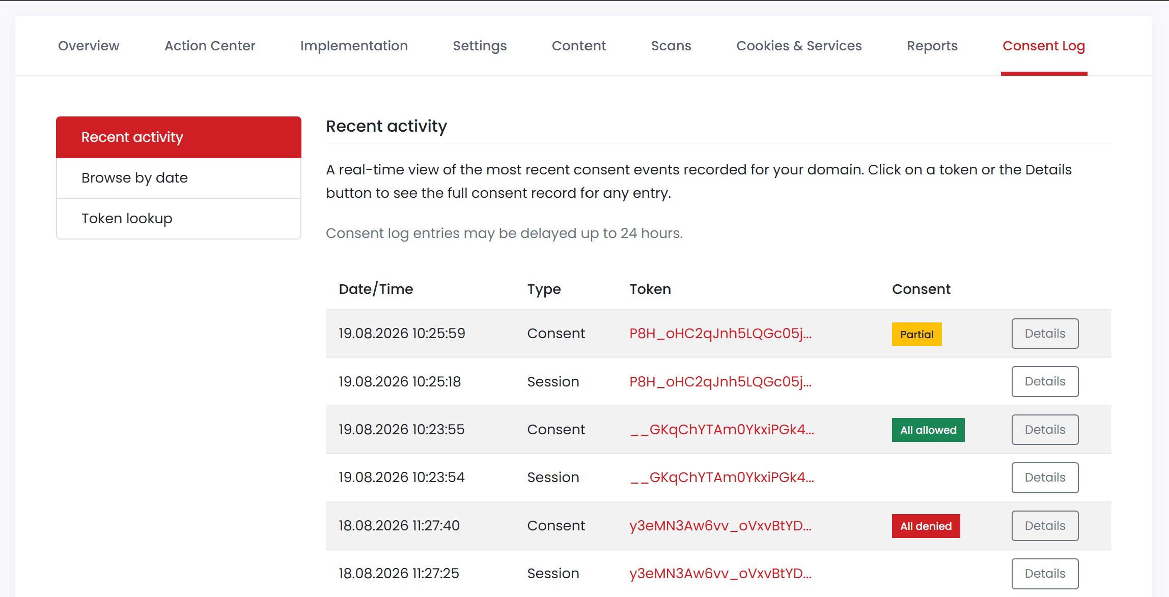 Consent log - Recent activity