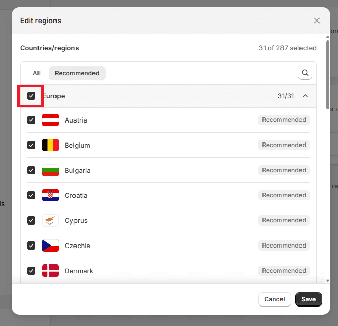 Shopify Select countries to show cookie banner