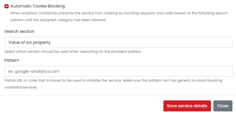 Domain settings - Custom automatic cookie blocking rules