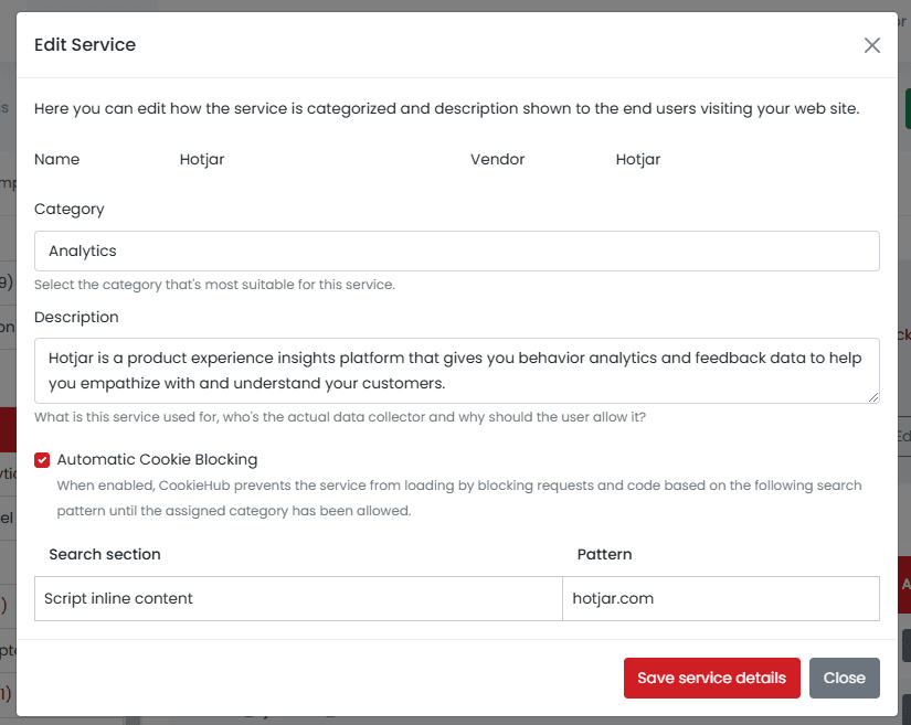 Domain settings - Predefined automatic cookie blocking