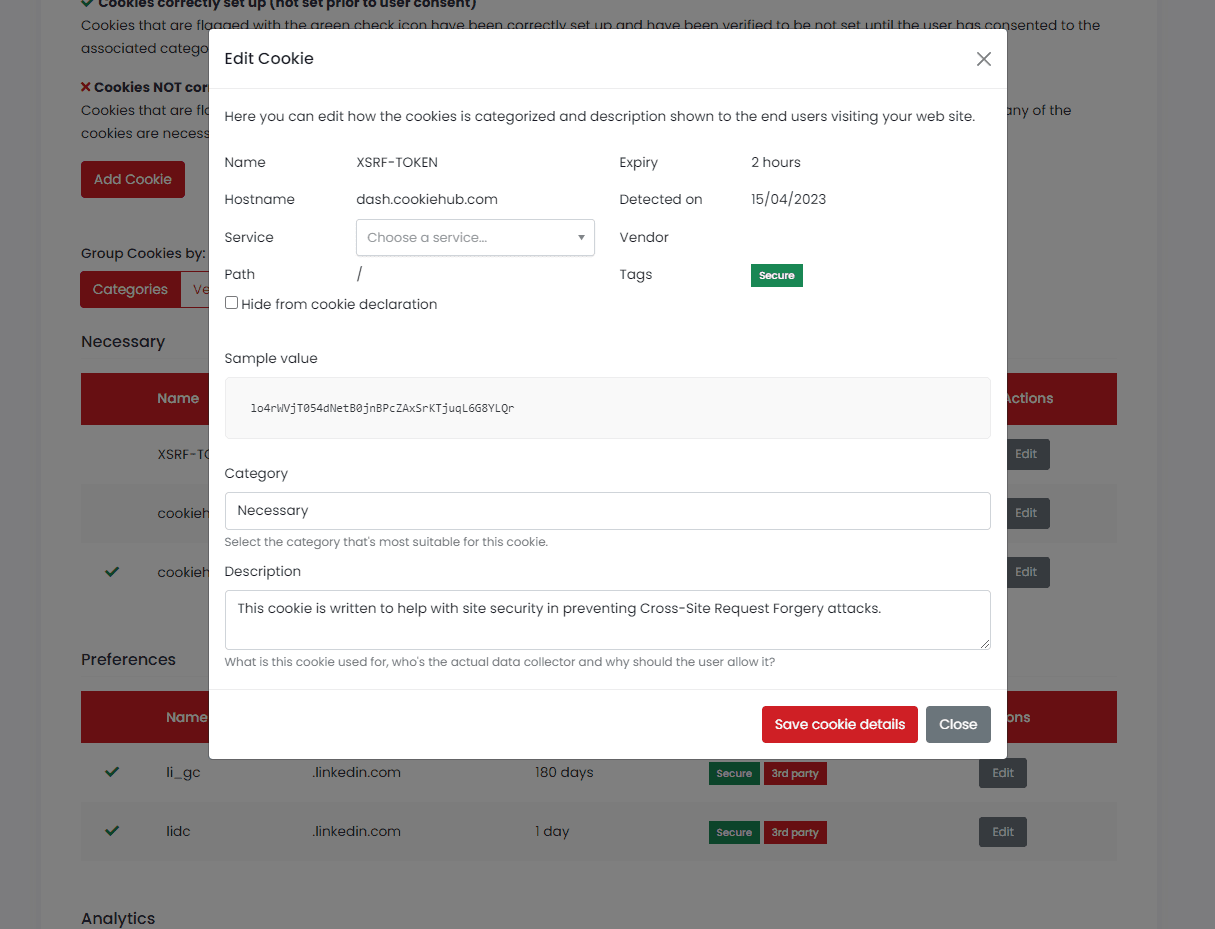 Domain settings - Edit cookie
