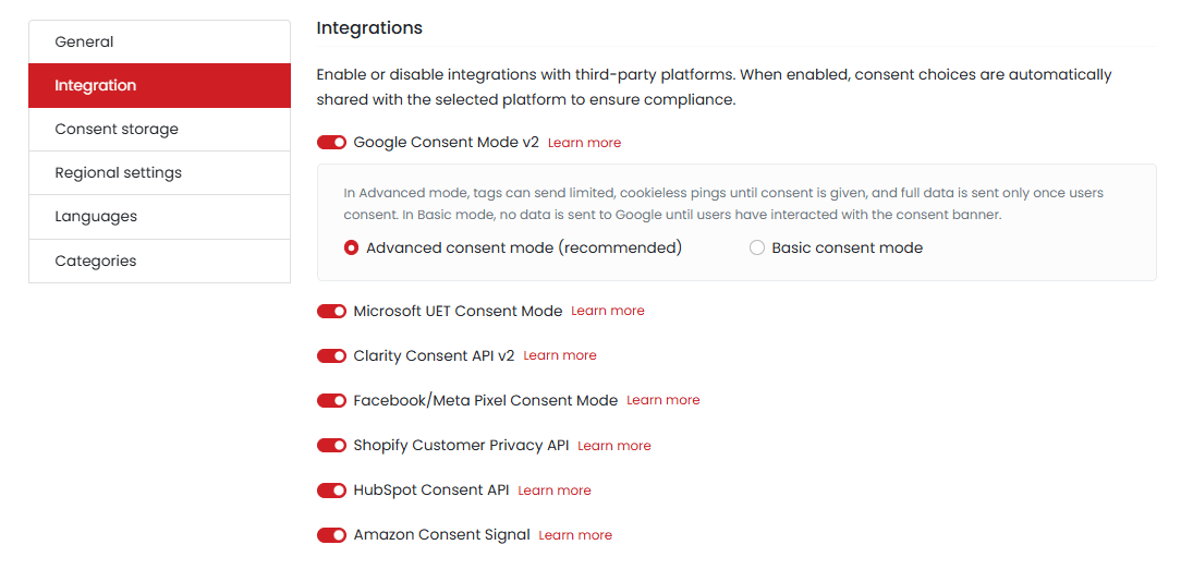 Domain settings - Integrations