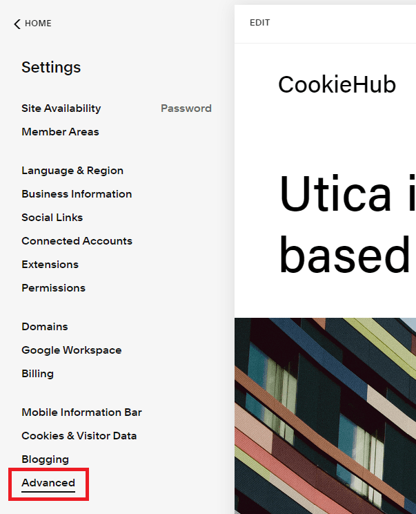 Enter advanced settings in Squarespace