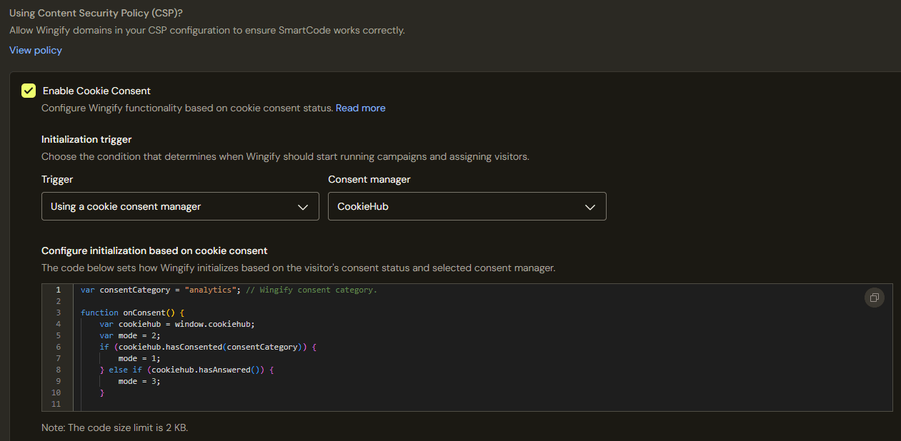 Wingify initialization settings with CookieHub selected