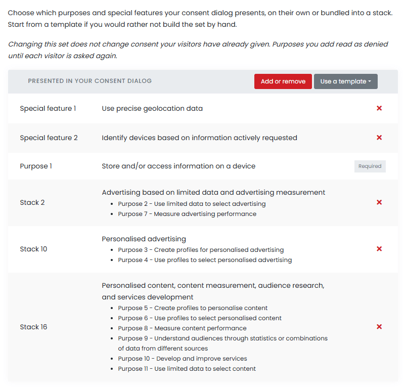 Domain settings - IAB TCF presented purposes