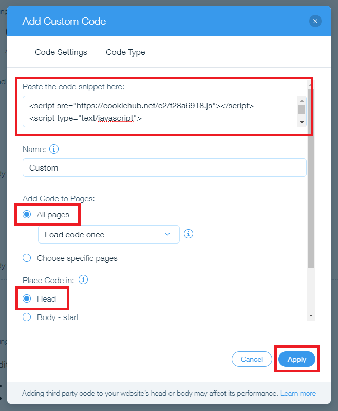 Implementing CookieHub cookie consent management in Wix